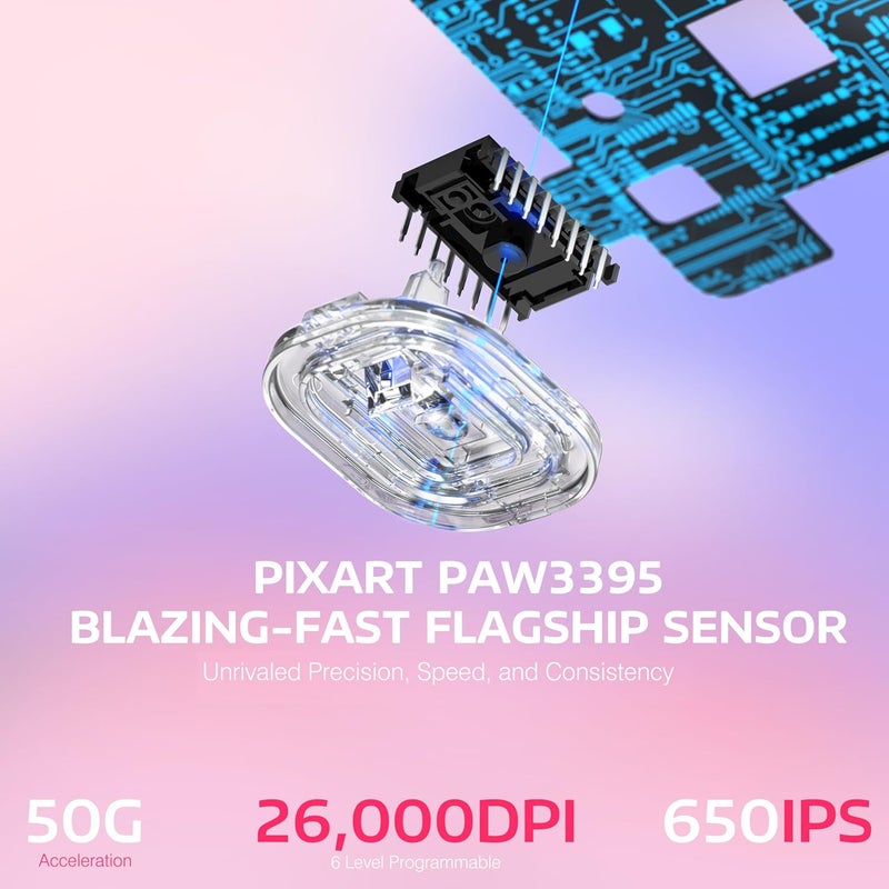 MANBASNAKE × ATTACK SHARK X3 Wireless Gaming Mouse, 49g Lightweight Triple Mode Ergonomic Computer Mouse, PAW3395 26K DPI Sensor,200h Battery Life, Griptape Programmable Buttons for PC/Mac/Win (Berry) - Image 5